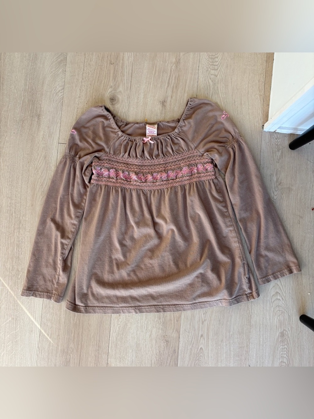 brown long sleeve blouse y2k cottage core, pink floral embroidery and bow